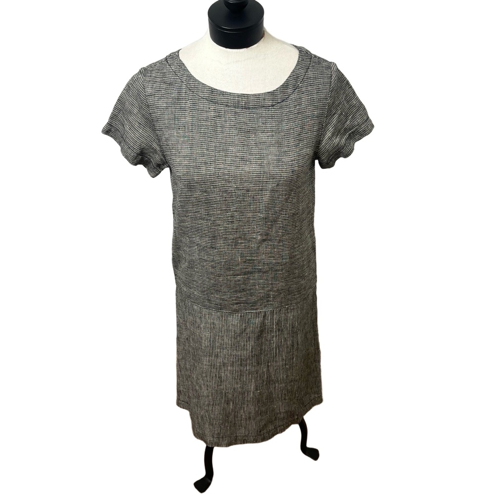 Garnet Hill‎ Knee Length Grey Short Sleeve Striped Pattern Linen Shift Dress 04